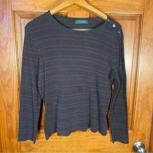 Lauren Ralph Lauren 100% Cotton Long Sleeved T-Shirt with Silver Button Detail